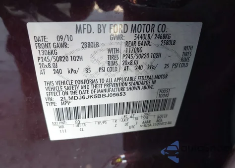 2011 Lincoln Mkx from USA, damaged, VIN 2LMDJ6JK5BBJ05653